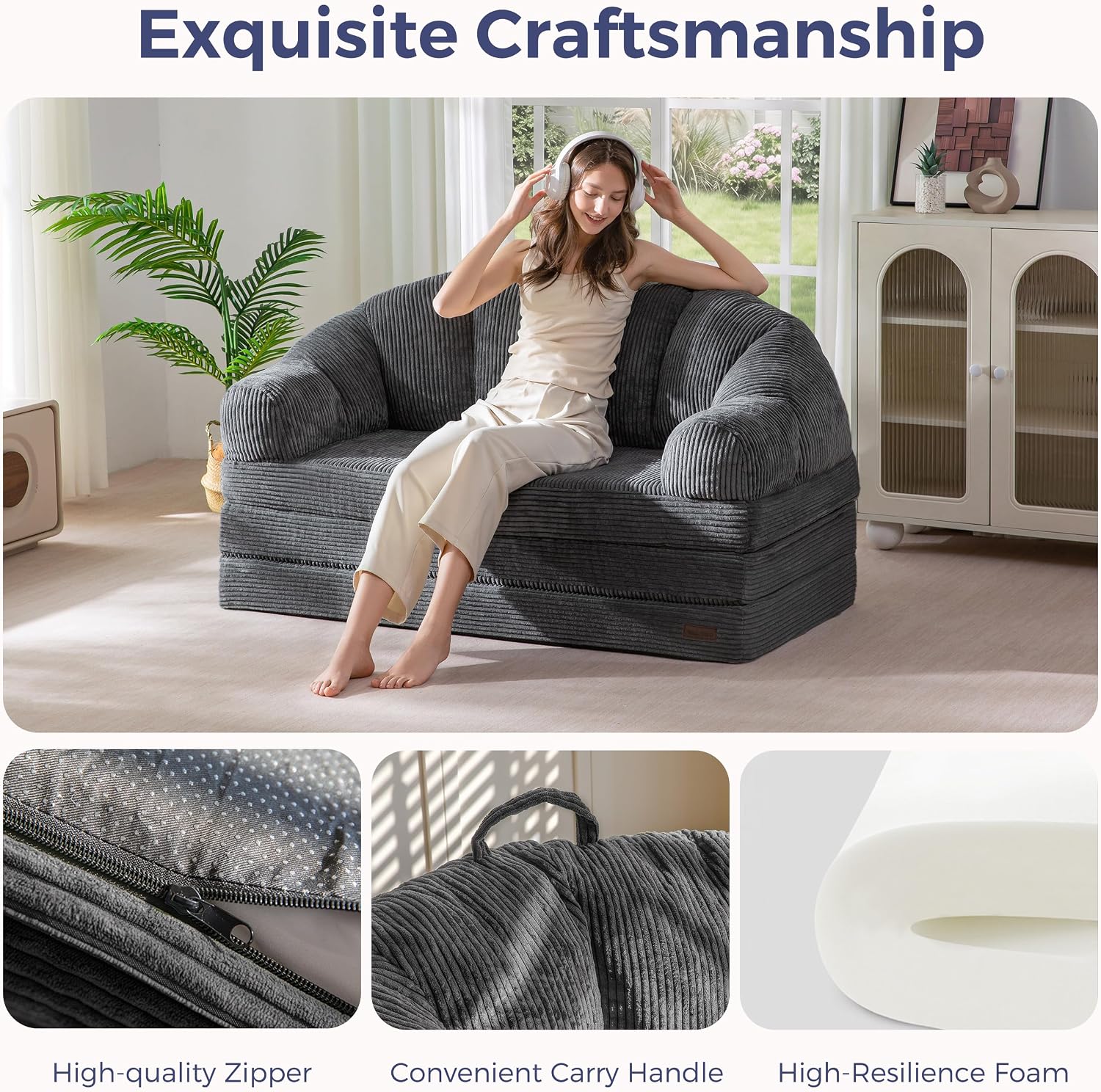 MAXYOYO Folding Sofa Bed with Backrest, Fold Out Couch with Handle | 2 in 1 Convertible Bean Bag Chair to Floor Sofa Lounger, Comfy Folding Couch for Bedroom & Living Room, Dark Grey, Loveseat