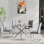 5-Piece Dining Room Table Set, Modern 36" Square Silver Glass Dining Table Set for 4, Kitchen and Dining Table Set with 4 Grey PU Leather Dining Chairs for Dining Room Kitchen