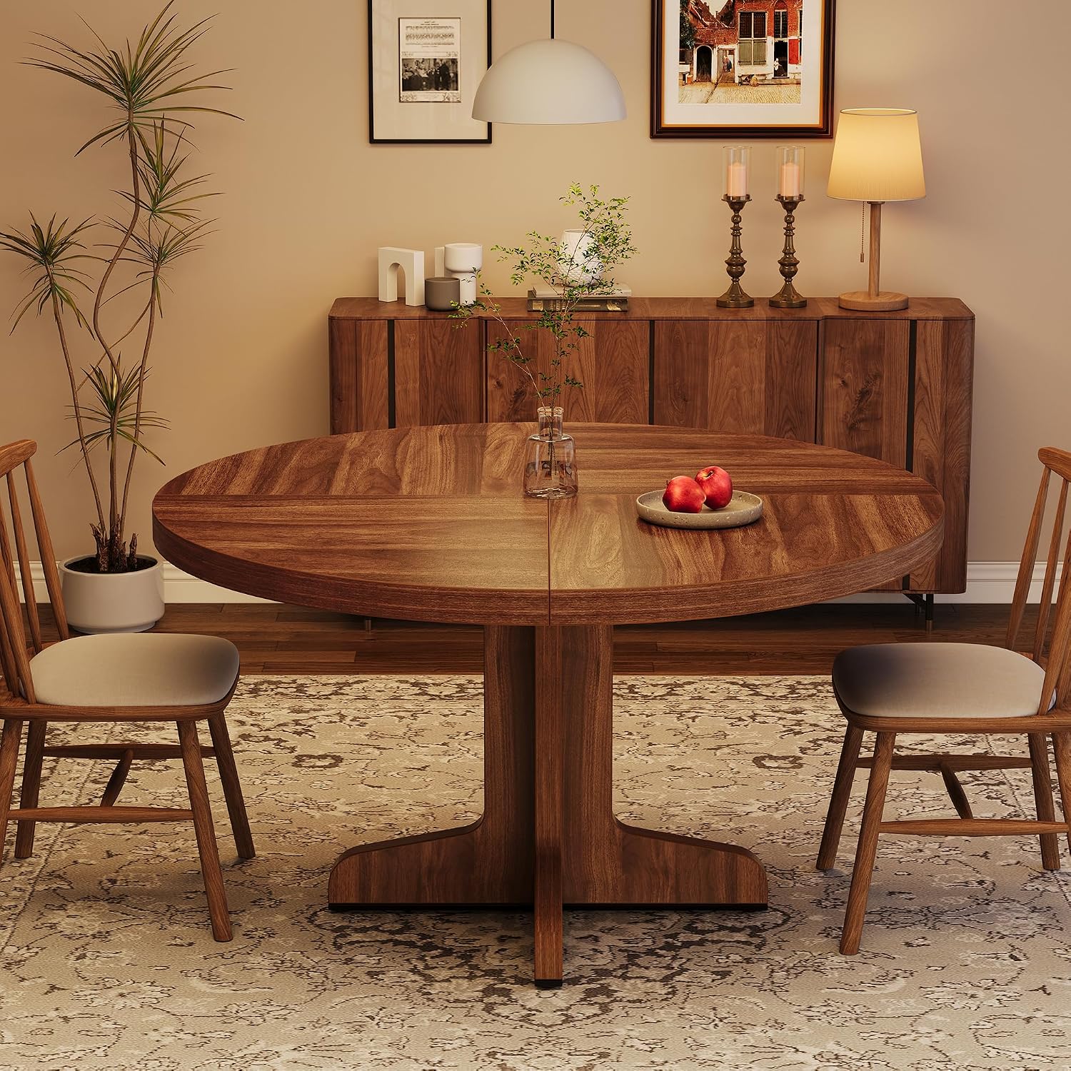 Garvee 47 Inch Round Dining Table for 4, Farmhouse Kitchen Dining Room Circle Dinner Table, Kitchen Dining Room Furniture, Walnut (Table Only)