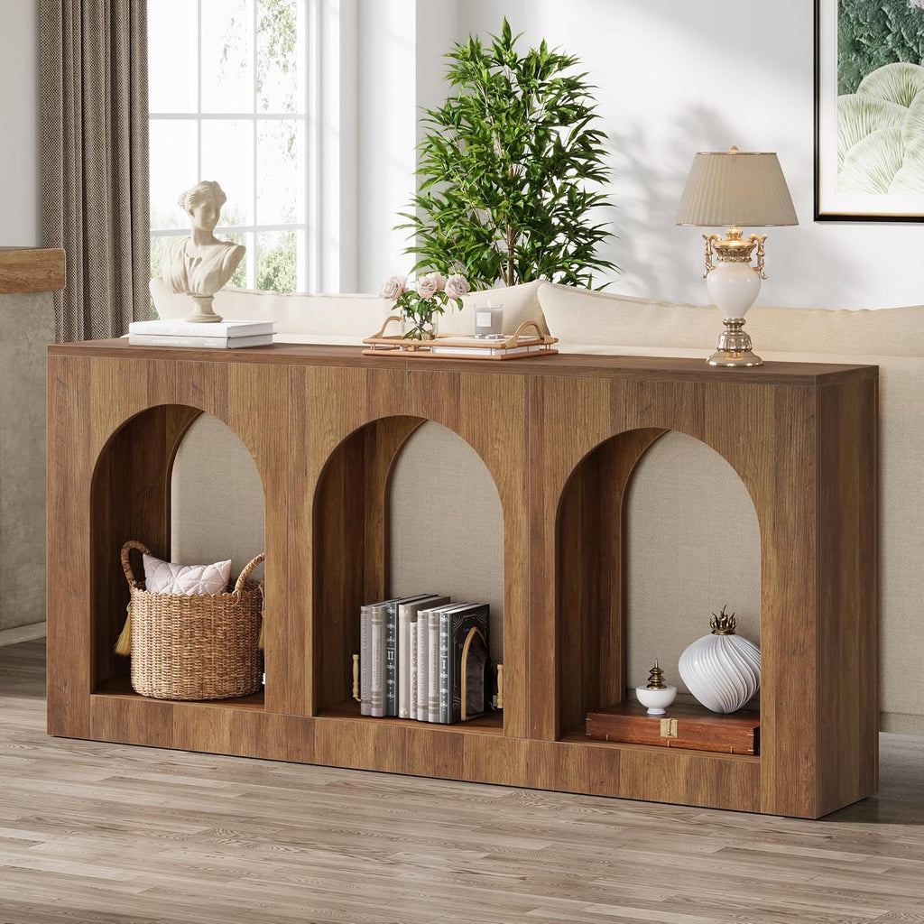 Tribesigns 70.9" Console Table with Storage, Wood Entryway Entry Table with 3 Arched Shelves for Foyer, Hallway, Living Room, Behind Couch Sofa, Narrow Long, Brown