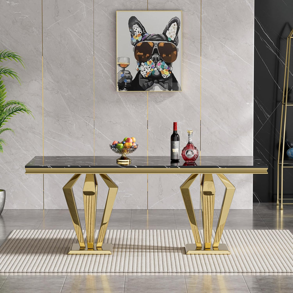 Luxury Marble Dining Table for 4 to 6, 68 inch Black Faux Marble Dining Table with Gold Stainless Steel Diamond Shaped Base, Modern Rectangle Kitchen Dining Room Table for Family Dinner Party