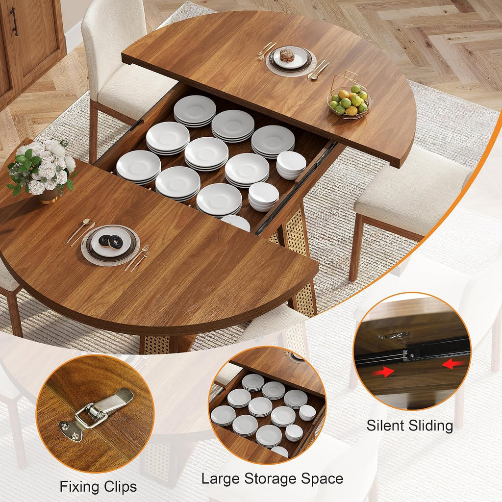 43"-59" Extendable Round Dining Table for 4-8, Transformer Oval Modern Kitchen Table with Removable Leaves Space Saving, Wood Dining Room Table with Storage Shelf for Kitchen, Walnut, Cross Leg