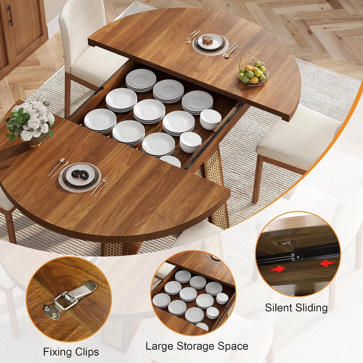 43"-59" Extendable Round Dining Table for 4-8, Transformer Oval Modern Kitchen Table with Removable Leaves Space Saving, Wood Dining Room Table with Storage Shelf for Kitchen, Walnut, Cross Leg