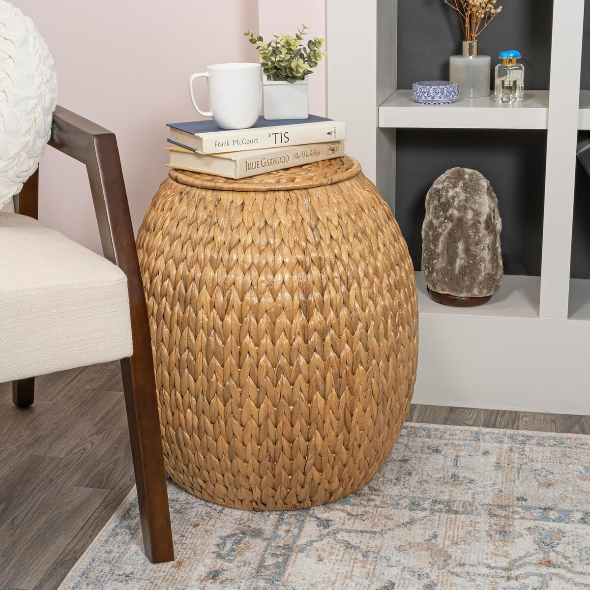 happimess SSL1000A Colt 17" Coastal Bohemian Handwoven Hyacinth Storage Stool with Lid for Storage and Decoration in Bedroom, Living Room, Kitchen, Dining Room, Entryway, Guestroom, Natural | Bohemian Rustic Wicker Basket, End Table For Living Room