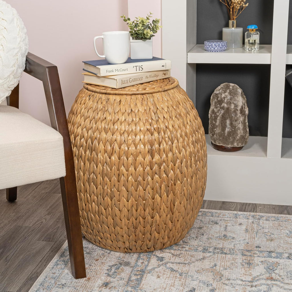 Eyely SSL1000A Noel 17" Bohemian Handwoven Hyacinth Barrel Wicker Storage Basket with Lid Side Table, Accent Table for Bathroom, Bedroom, Living Room, Natural