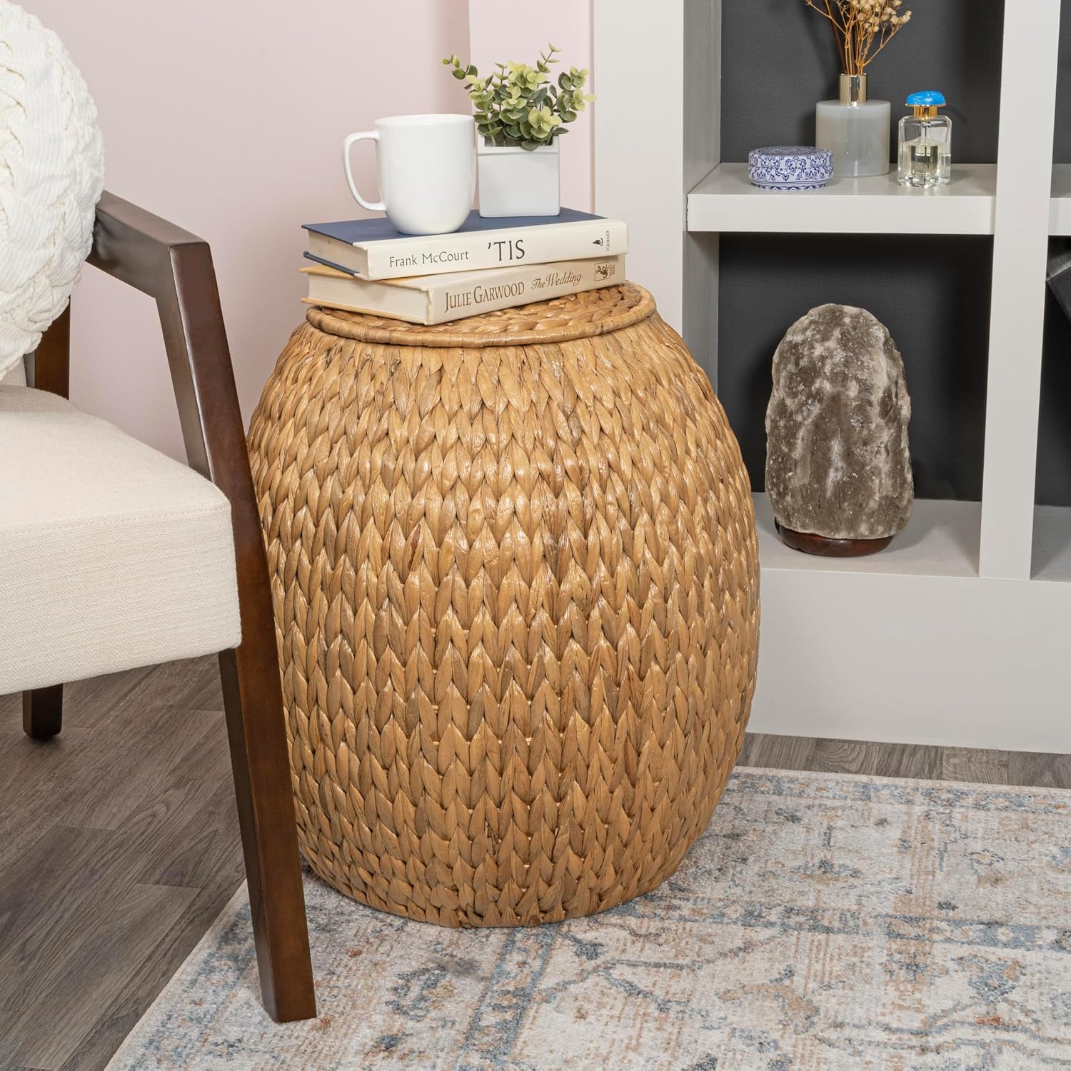 Eyely SSL1000A Noel 17" Bohemian Handwoven Hyacinth Barrel Wicker Storage Basket with Lid Side Table, Accent Table for Bathroom, Bedroom, Living Room, Natural