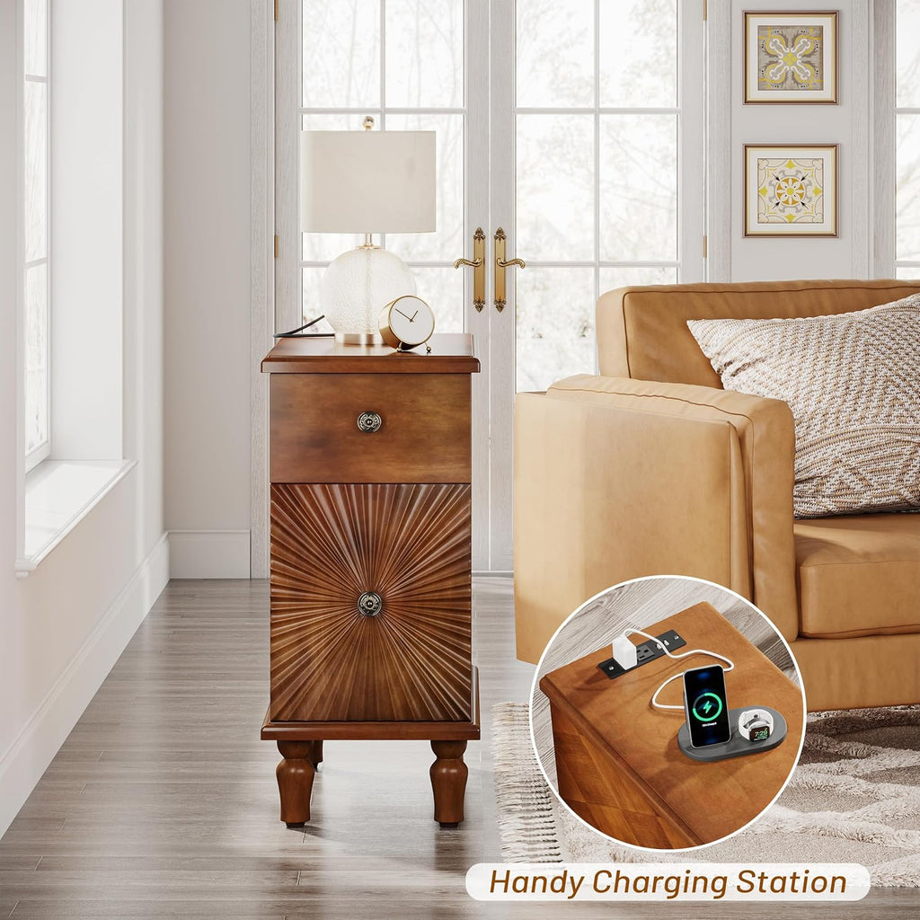 Solid Wood Sunburst End Table, No Assembly Required 2 Drawers Sofa Side Bedside Table with Sunbeam Texture for Living Room, Vintage Nightstand for Bedroom (Caramel Brown, 1PC, w/Charging Station)