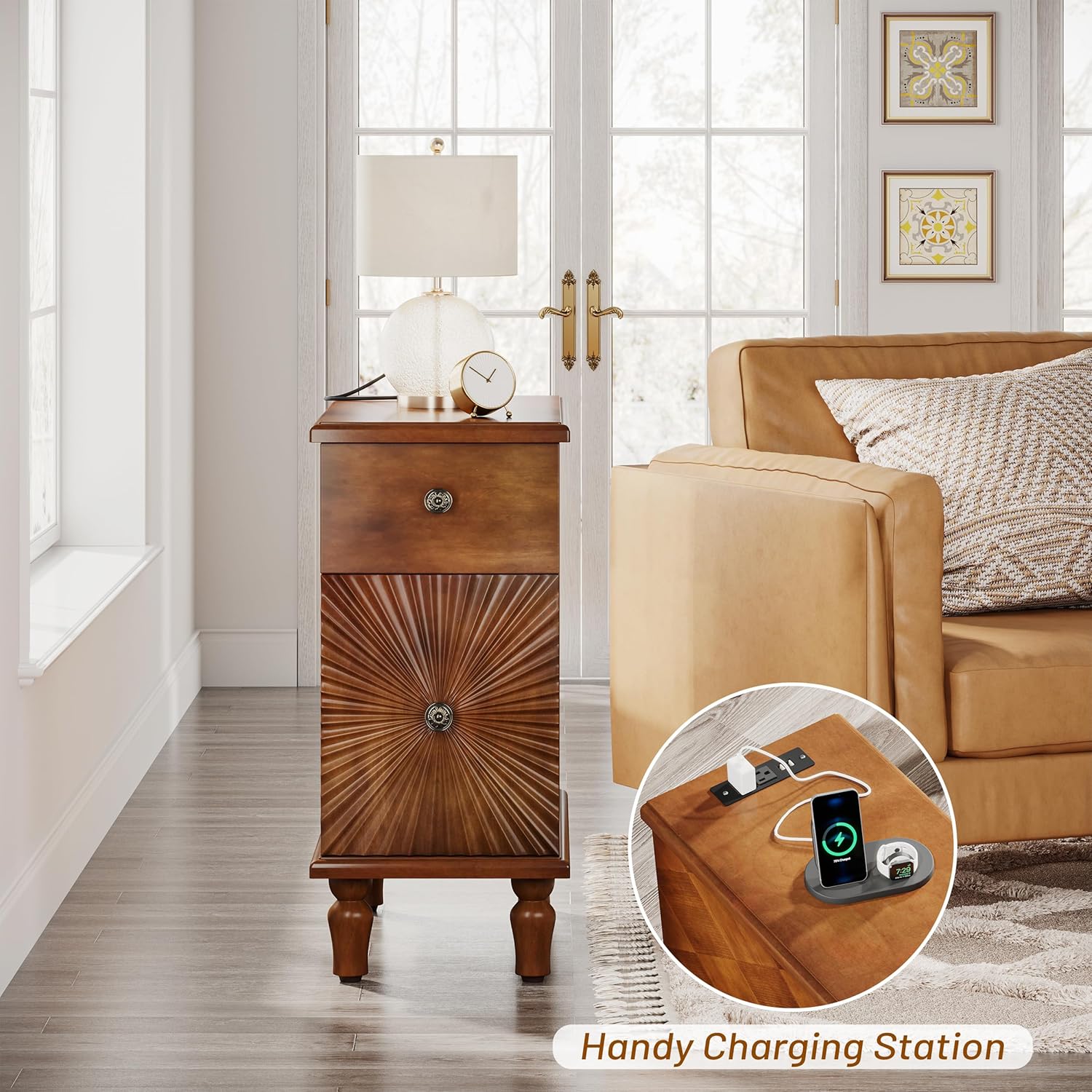 Solid Wood Sunburst End Table, No Assembly Required 2 Drawers Sofa Side Bedside Table with Sunbeam Texture for Living Room, Vintage Nightstand for Bedroom (Caramel Brown, 1PC, w/Charging Station)