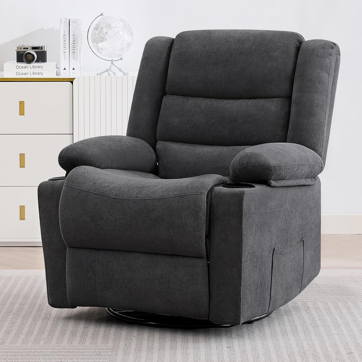 360°Swivel Rocking Chairs for Adult,Recliner Chair with Side Pockets and Cup Holders,Rocker Recliner with a Suitable for Living Rooms,Bedrooms,Grey