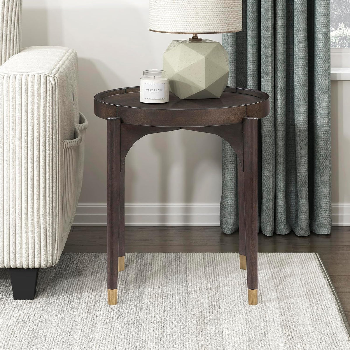 Lexicon Wood Round End Table with Gold Metal Cap, 36" Dia. Mid Century Modern Round Birch Wood Veneer Sofa Side Table for Contemporary Living Room, Easy Assembly, Dark Brown