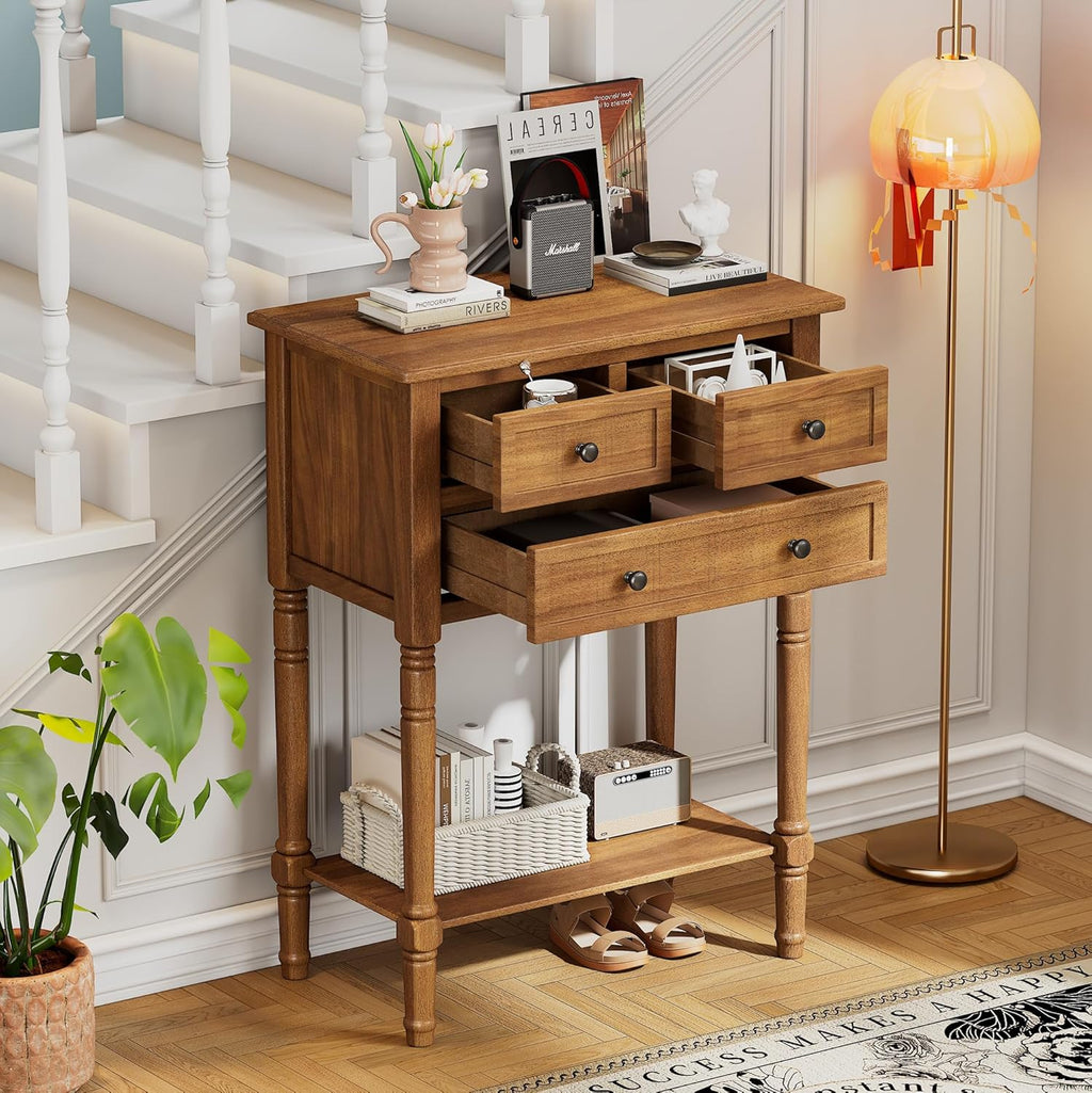 LKTART Small Solid Wood Sofa Table,Console Table with Drawers and Bottom Shelf, Entryway Hallway Foyer Entry Table for Living Room(23.7" Natural)