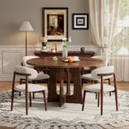 47" Round Dining Table Set for 4-6, Farmhouse Kitchen Table & 4 Beige Upholstered Fabric Chairs with MDF Tabletop and Base, Space-Saving Round Dinner Table Set for Small Apartments, Walnut