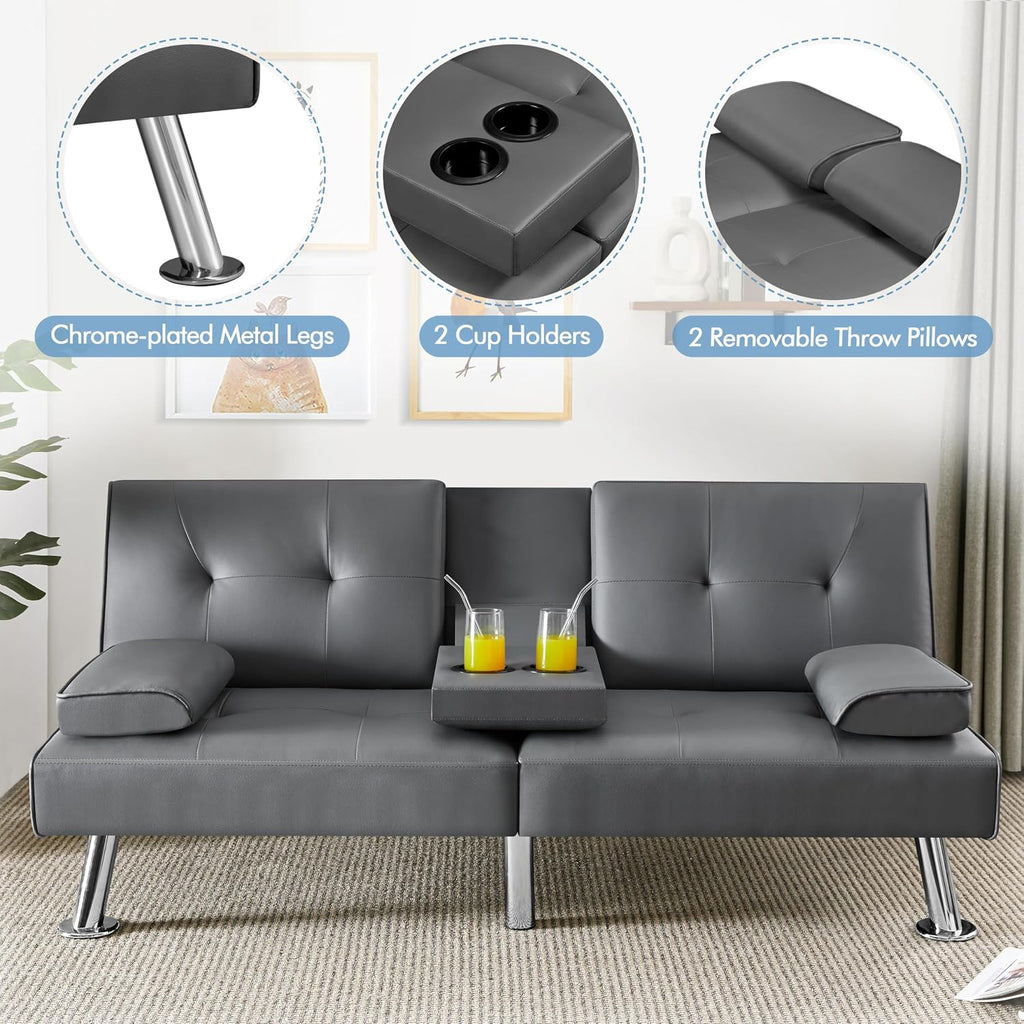 Yaheetech Convertible Futon Sofa Bed Loveseat with Cup Holder, Gray | 3 Angles Sofa, Recliner Chair, Bed, Compact Faux Leather Love Seat for Living Room, Guest Room, Dorm, Small Apartment