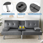 Yaheetech Convertible Futon Sofa Bed Loveseat with Cup Holder, Gray | 3 Angles Sofa, Recliner Chair, Bed, Compact Faux Leather Love Seat for Living Room, Guest Room, Dorm, Small Apartment
