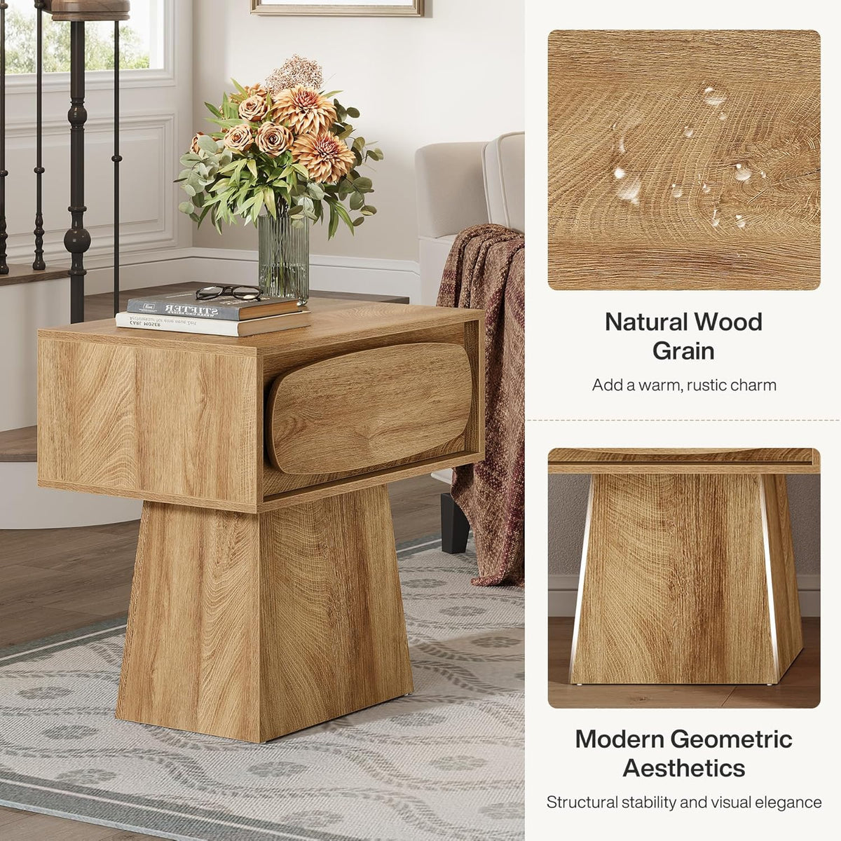 Tribesigns End Table with Storage Drawer, Modern Wooden Side Table with Curved Handle, Small Nightstand for Living Room, Bedroom, Small Spaces (Natural Wood Color)