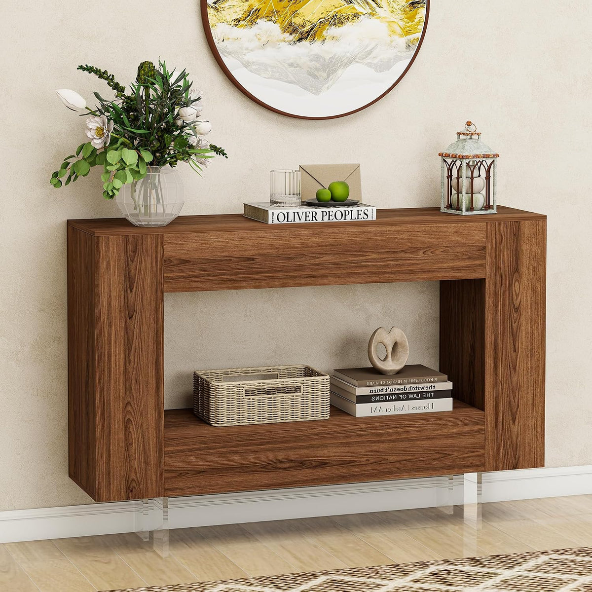 Console Table, Entryway Table with Hidden Storage Cabinets, Adjustable Shelves, Farmhouse Sofa Table for Behind The Couch, Living Room, Hallway, Brown Wood Grain Finish