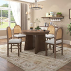 Merax 5-Piece Round Dining Table Set for 4, Extendable Kitchen Table Set with 4 Upholstered Chairs for Dining Room, Kitchen, Small Space, Beige+Walnut