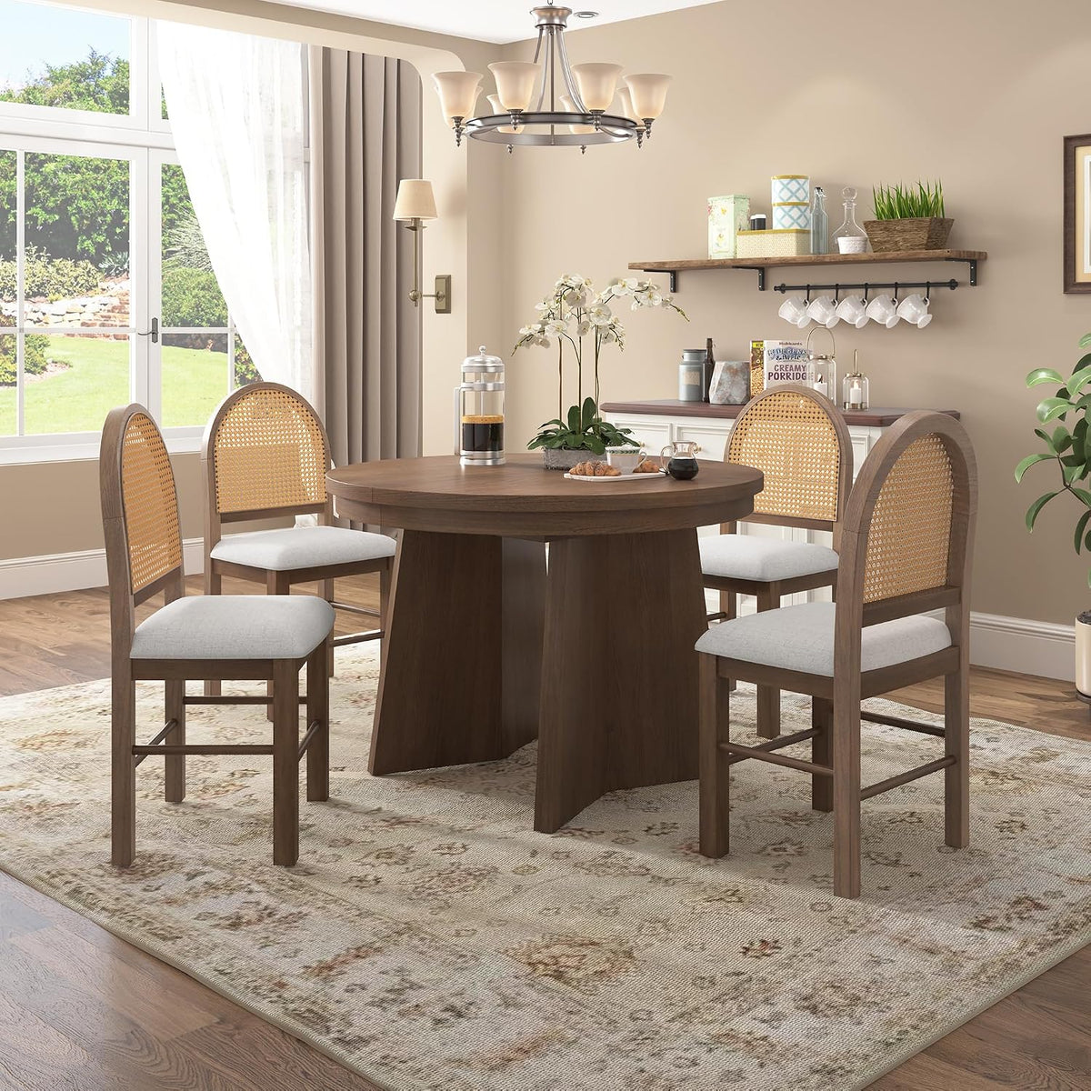 Merax 5-Piece Round Dining Table Set for 4, Extendable Kitchen Table Set with 4 Upholstered Chairs for Dining Room, Kitchen, Small Space, Beige+Walnut