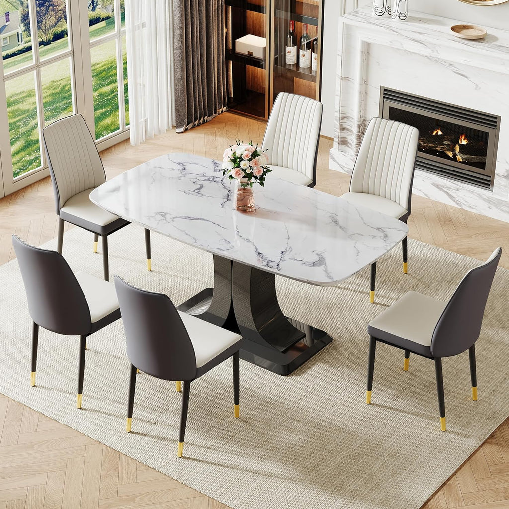 Modern Dining Table Set for 6, Marble Kitchen Table Chair Set for 6, Rectangular Kitchen Table with 6 Pu Leather Upholstered Chair for Dining Room