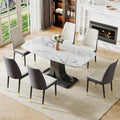 Modern Dining Table Set for 6, Marble Kitchen Table Chair Set for 6, Rectangular Kitchen Table with 6 Pu Leather Upholstered Chair for Dining Room
