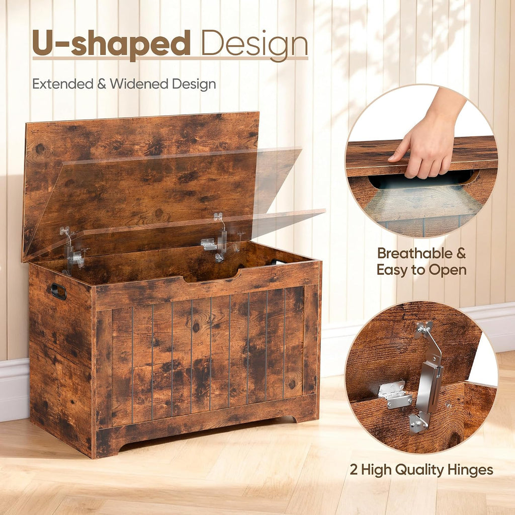 SUPER DEAL Storage Chest, 30 inches Chest Box Organizer with 2 Safety Hinges, Wooden Entryway Storage Bench, Rustic Brown