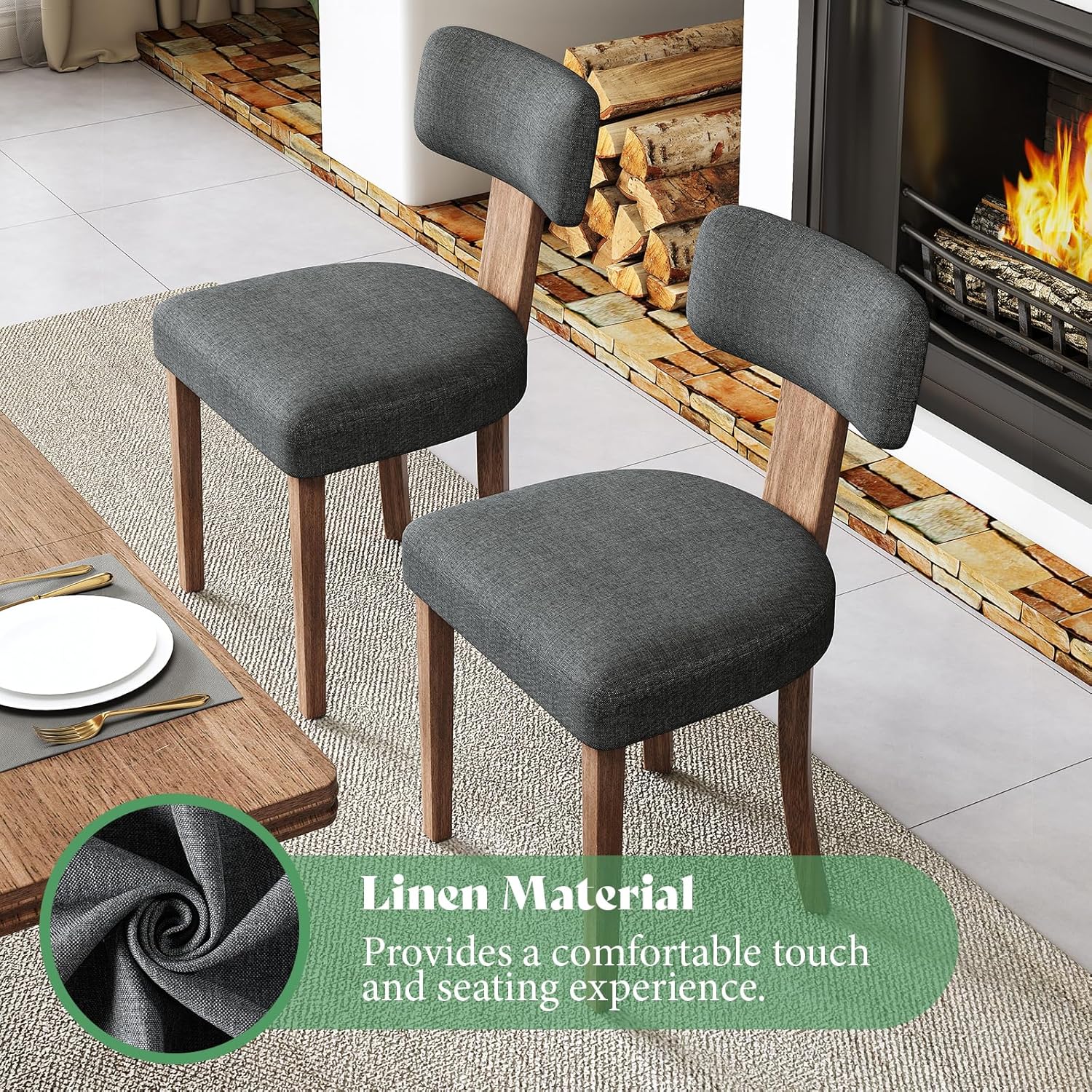 AMERLIFE Kitchen Chairs, Set of 4 Modern Linen Chairs with Upholstered Curved Backrest & Seat, Hardwood Frame, Dark Grey