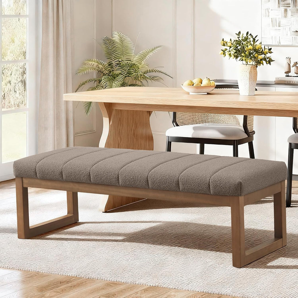 Zihanhome 52.7" Bedroom Bench for End of Bed, Modern Upholstered Teddy Fabric Entryway Bench & Dining Bench, Footrest Stool Bench with Solid Wood Frame for Bedroom, Living Room (Dark Brown)