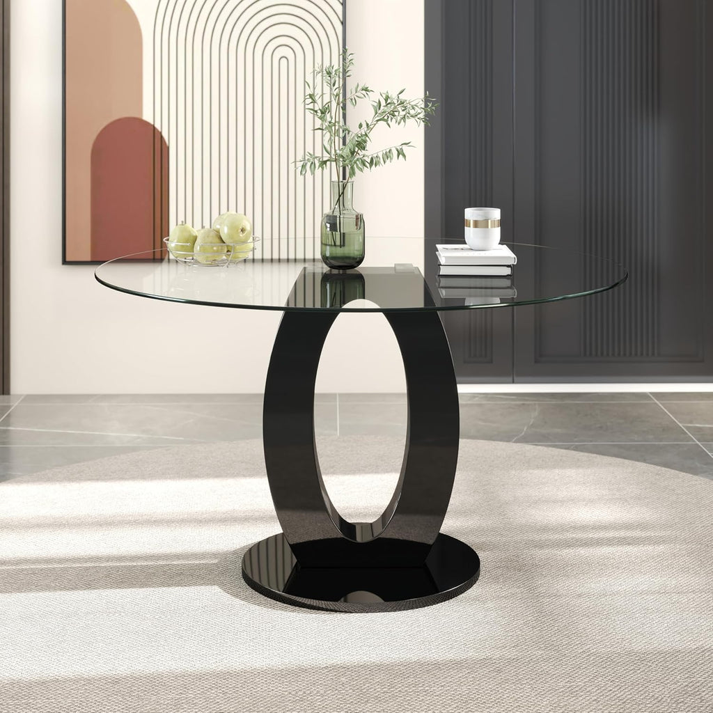 RGZ 39'' Modern Luxury Clear Glass Round Dining Table for 4-6, Glass Circle Top Kitchen Table with Elegant Silver Decorative Strips & Black Base, Small Apartment Dinner Table for Home, Living Room