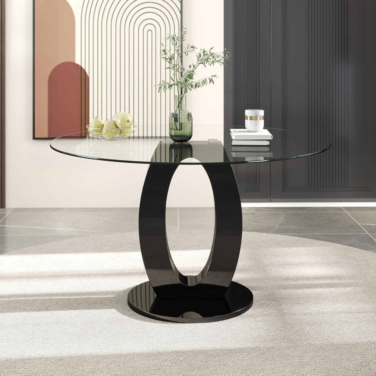 RGZ 39'' Modern Luxury Clear Glass Round Dining Table for 4-6, Glass Circle Top Kitchen Table with Elegant Silver Decorative Strips & Black Base, Small Apartment Dinner Table for Home, Living Room
