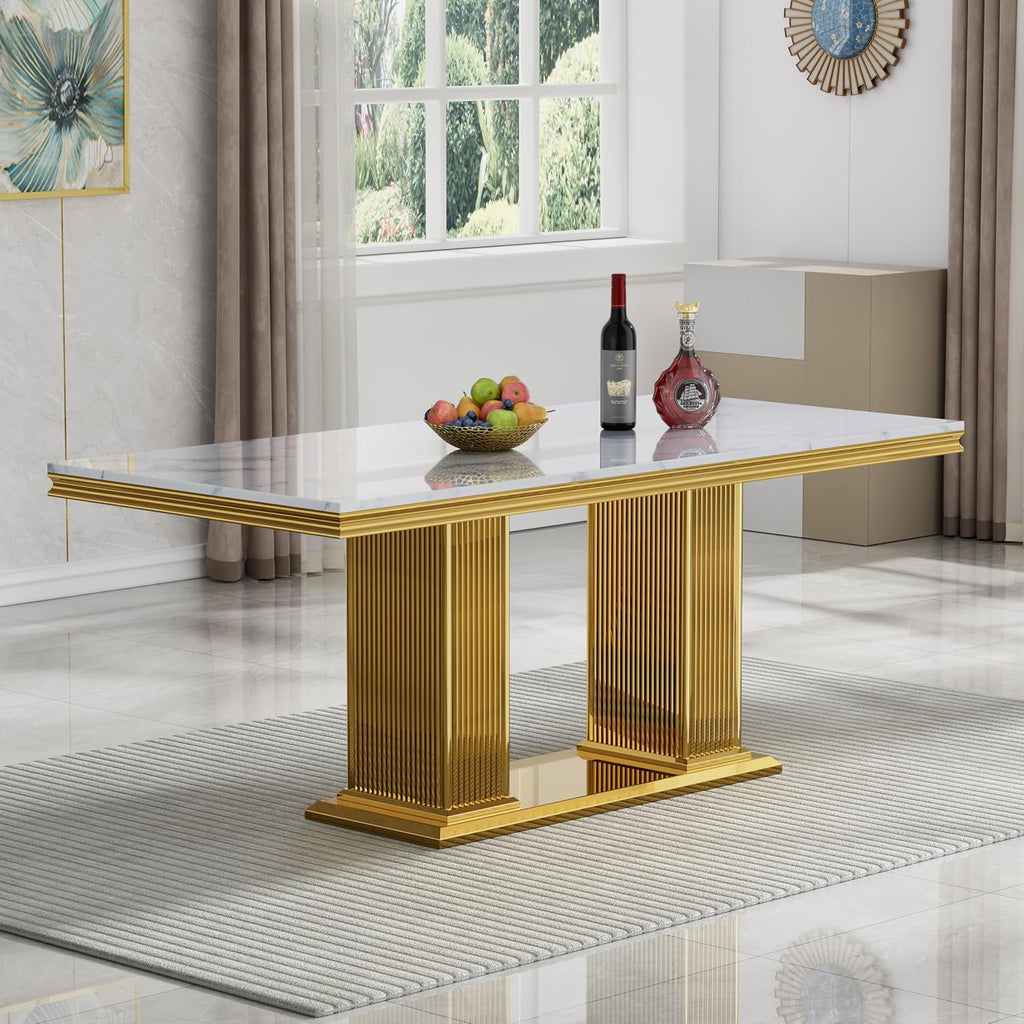 68 in Faux Marble Dining Table for 4-6, White Marble Dining Table with Gold Stainless Steel Base, Luxury Rectangular Dining Room Table for Kitchen, Living Room, Apartment, Family Meals, Dinner Parties