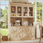 Vyre 71" Farmhouse Pantry Cabinet Set of 2, Rustic Brown Freestanding Coffee Bar Hutch with Glass Doors & Adjustable Shelves, Microwave Stand for Kitchen, Living Room