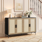 JASIWAY Buffet Cabinet with Storage, 48" Rattan Sideboard with Adjustable Shelves, Modern Coffee Bar Cabinet Console Table with Doors, Credenza for Kitchen, Living Room, Entryway, Dining Room, Black