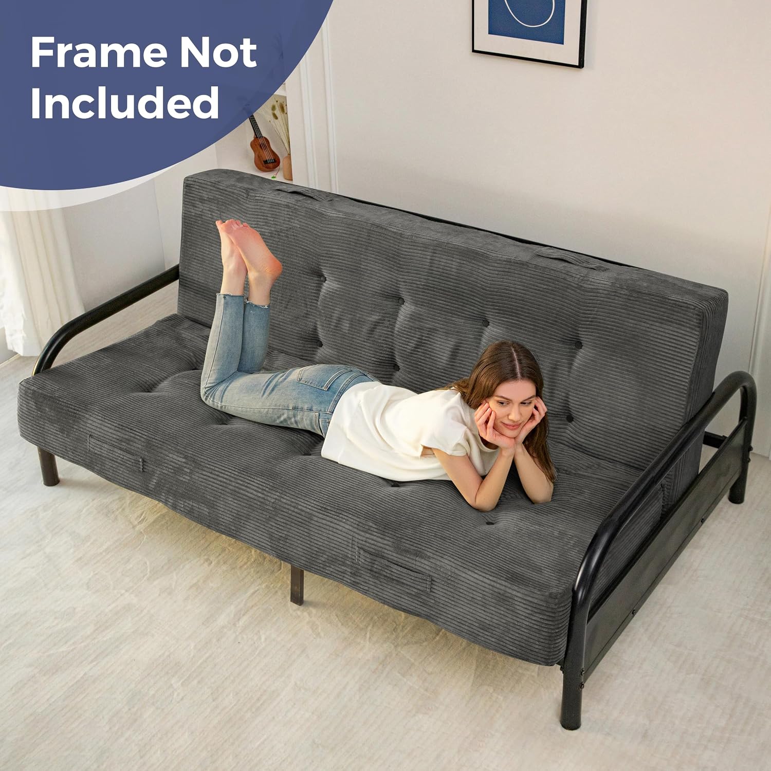 MAXYOYO Foldable Mattress, 8-Inch Tufted Futon Mattress with Handles | Tufted Floor Sofa Bed and Versatile Mattress, Carry Handles for Living Rooms or Guest Rooms, Frame Not Included, Dark Grey