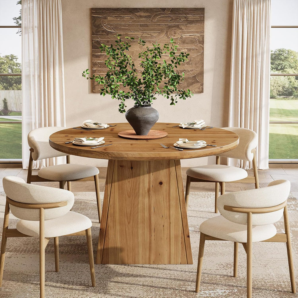 Solid Wood Round Dining Table for 4, Small Circle Kitchen Table with Thickened Top & Sturdy Pedestal Base for Dining Room, Living Room, Kitchen, 39.4 x 29.5 Inches, Farmhouse Style (Table Only)
