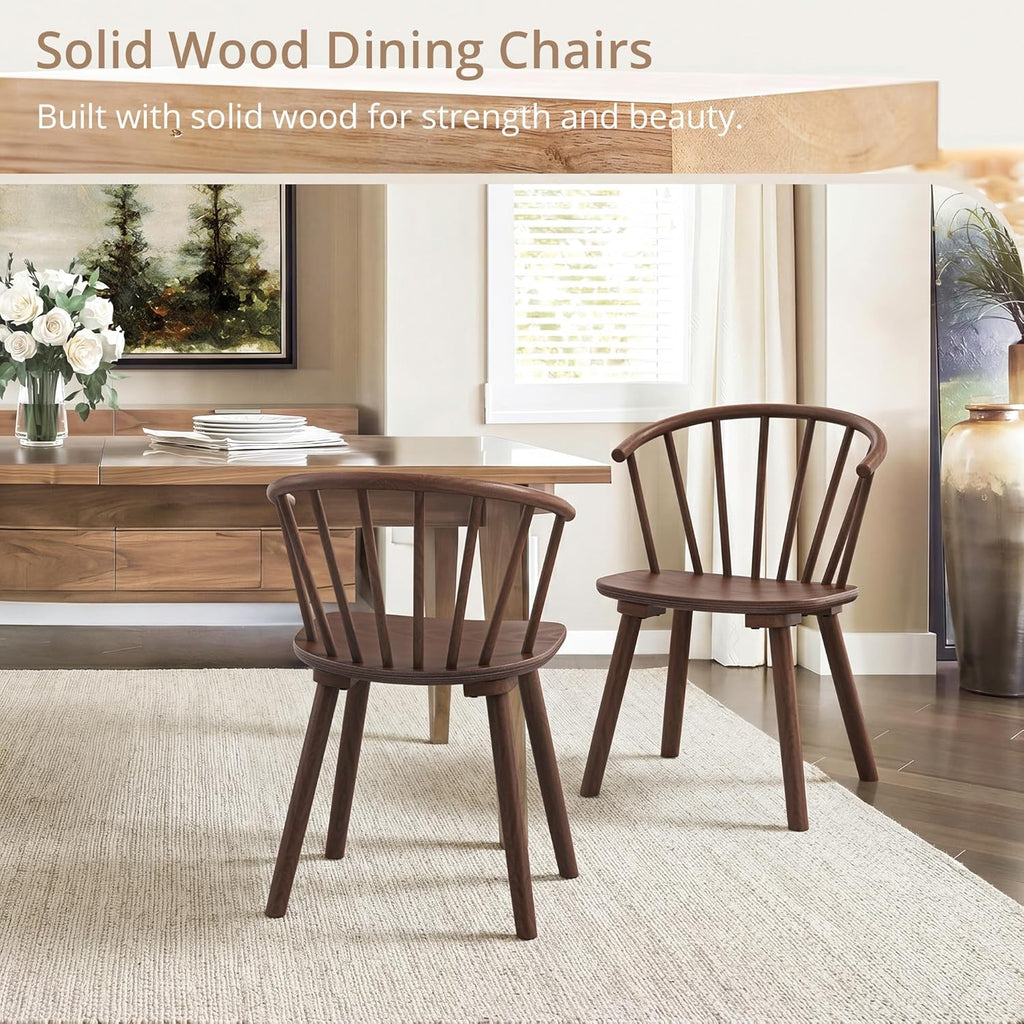 LUE BONA Walnut Dining Chairs Set of 4, Farmhouse Wood Dining Chairs with Semicircular Backrest, Spindle Dining Chair for Kitchen and Dining Room, 18 Inch