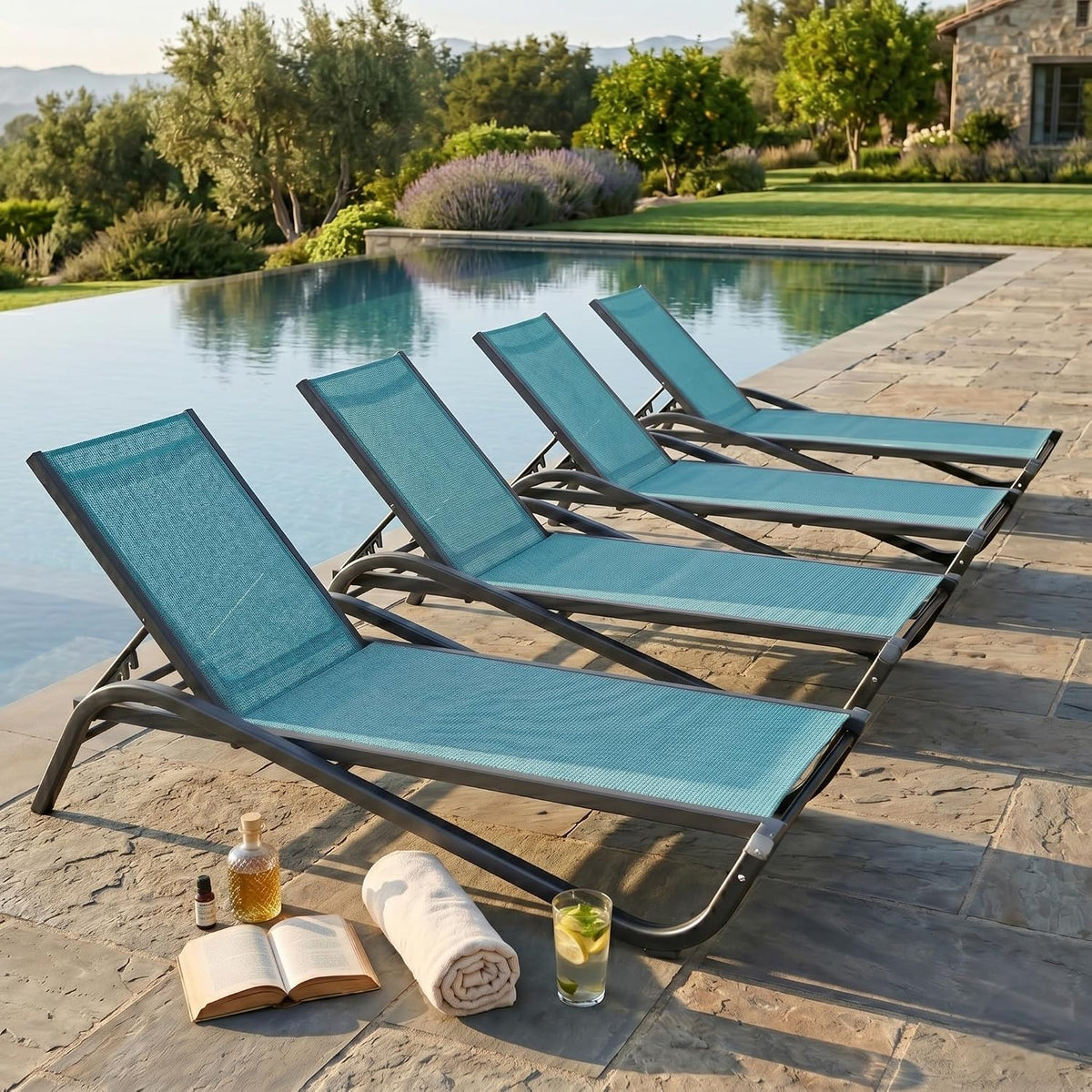 Patio Chaise Lounge Chairs Set of 4, All-Weather Aluminum Pool Loungers for Outside, 5-Position Adjustable Sunbathing Chairs for Tanning, Stackable for Backyard, Poolside, Sky Blue