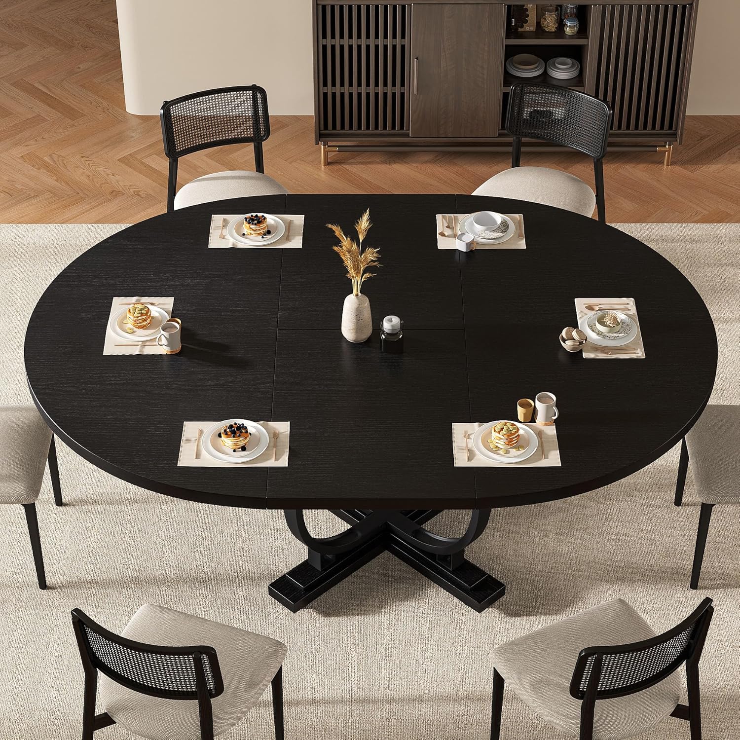 Einhomn 59" Extendable Round Dining Table for 4-6, Modern Oval Kitchen Table with Heavy Duty Curved Legs & Pedestal Base, Space Saving Circle Dinner Room Table for Dining Kitchen Living Room, Black