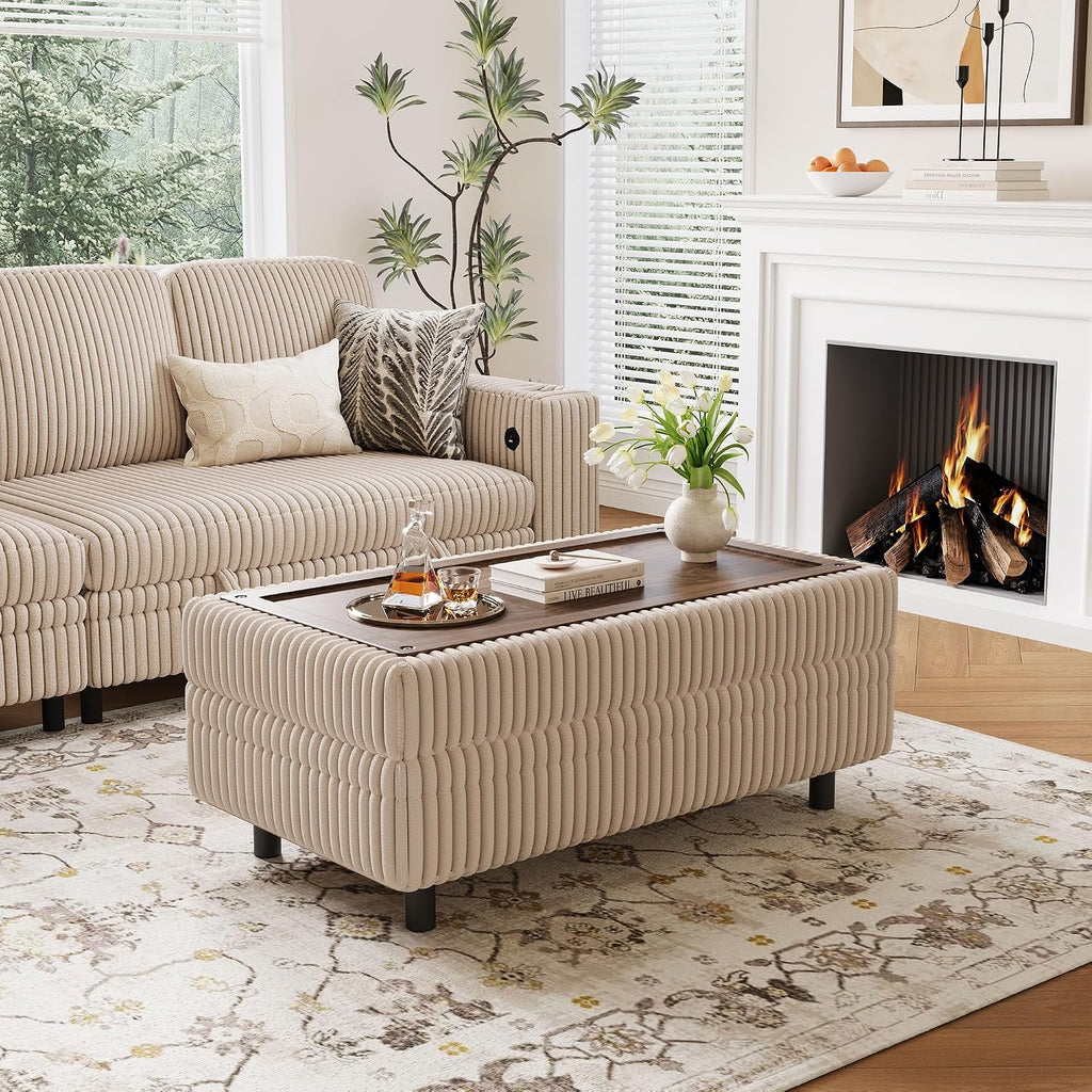 LINSY HOME Storage Ottoman Bench, 40" Convertible Coffee Table Plush Corduroy Foot Rest Ottoman for Living Room, Bedroom, Guest Room, Entryway, Beige