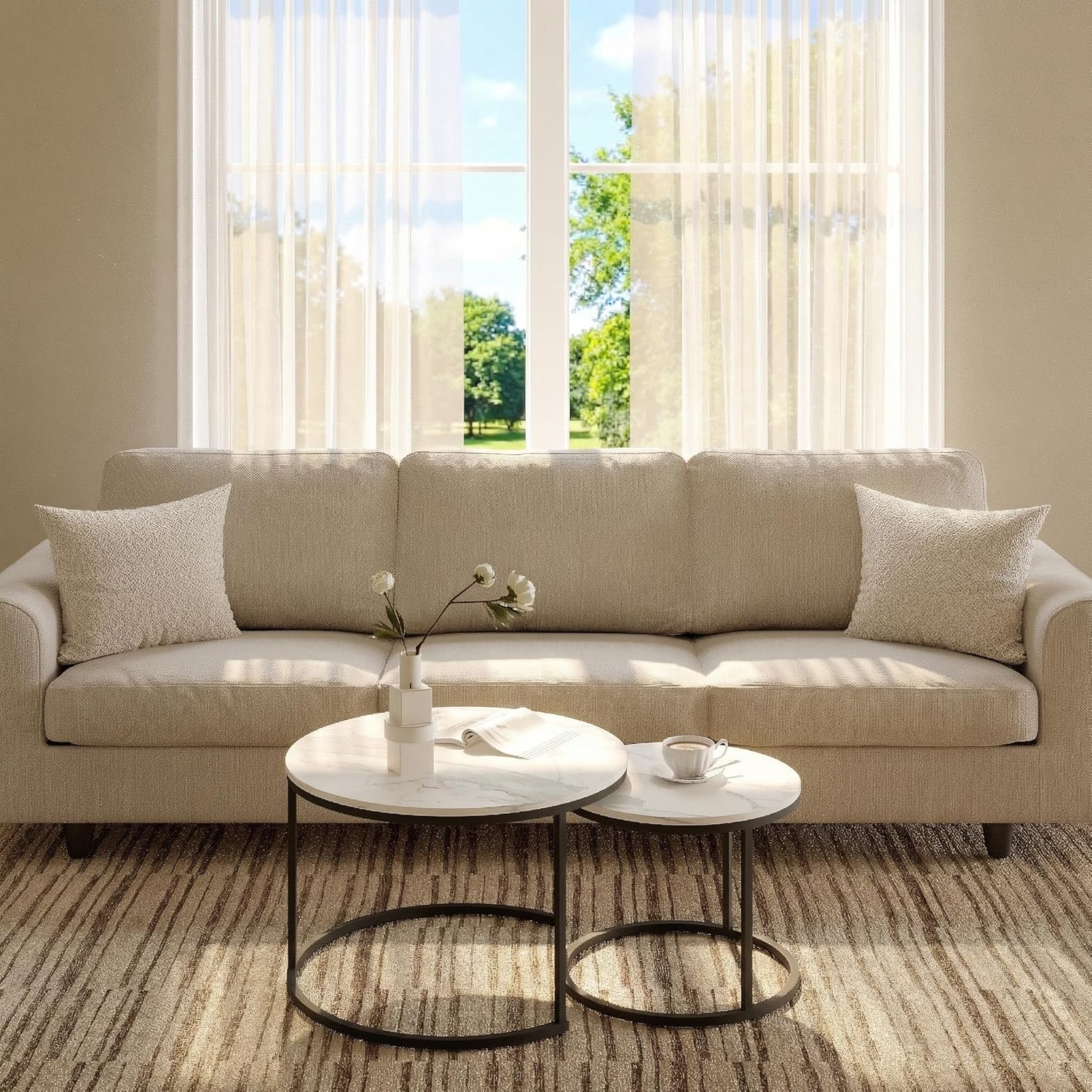 Living Room Side Table, Round Coffee Tables for Living Room, Modern Nesting Drink for Small Spaces, Set of 2 (Marble)
