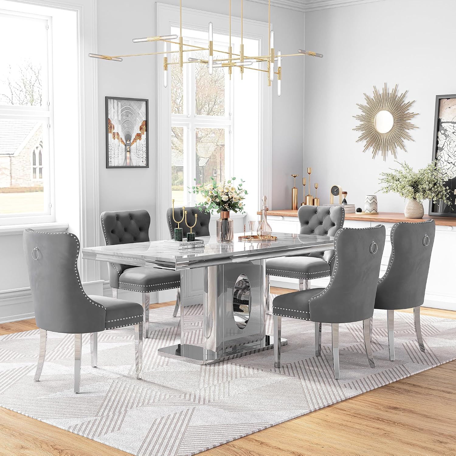 AF ARTISAN FURNITURE 7 Piece White Marble Dining Table, 70'' Rectangle Faux Marble Kitchen Table Set for 6 with Silver Mirrored Finish Stainless Steel Chairs, Luxury Dining Room Table Set for 6