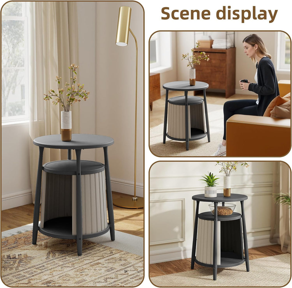 ROJIK End Table with Storage, Round Side Table for Indoor Outdoor Use, All-Weather Resin Accent Table for Small Spaces, Bathroom, Living Room, Bedside Table (Black)