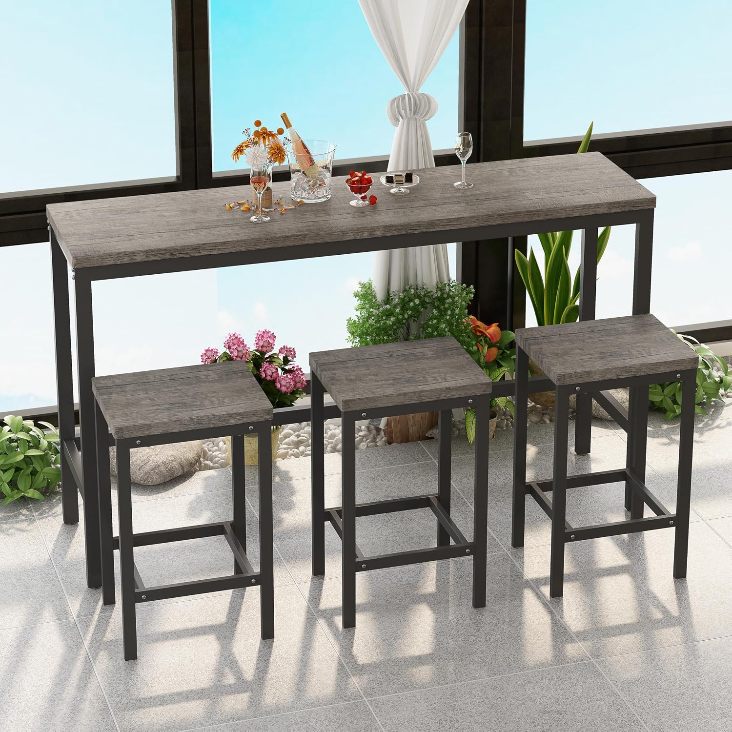 Merax Modern Design 4-Piece Counter Height Extra Long Dining Table Set with 3 Stools and Side Table with Footrest,Space-Saving Pub Kitchen Set,Easy Assembly,Brown Gray