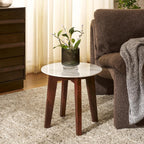 SAFAVIEH Home Collection - Helley Accent Table, White Ceramic Faux Marble Round Top with Walnut Brown Base, Fully Assembled (ACC2915A)