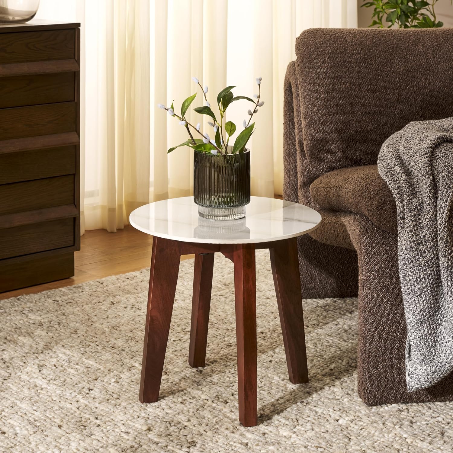 SAFAVIEH Home Collection - Helley Accent Table, White Ceramic Faux Marble Round Top with Walnut Brown Base, Fully Assembled (ACC2915A)