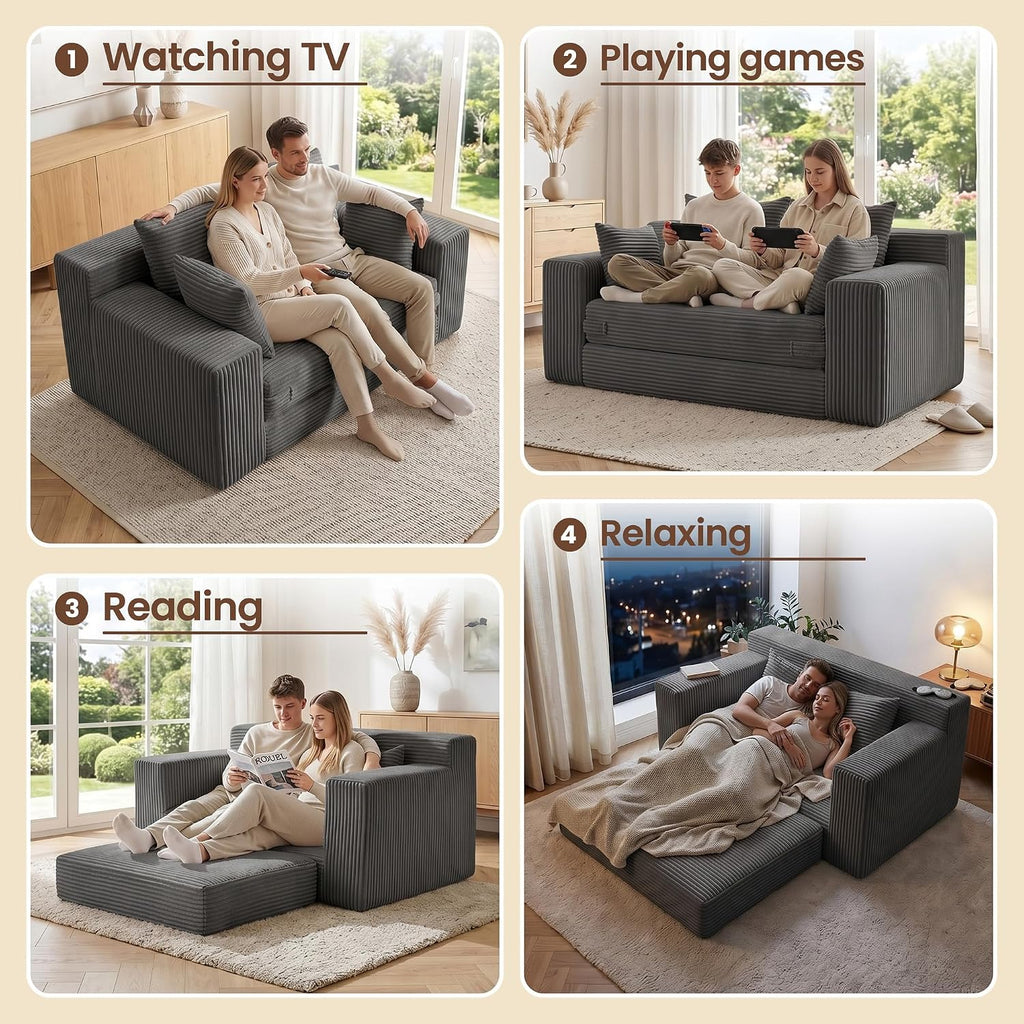 JUIKURY Floor Mini Couch 53 Inch, 3-in-1 Gray Couches Covertible Sofa Bed with 4 Pillows, Small Couches for Living Room, Bedroom, Small Space