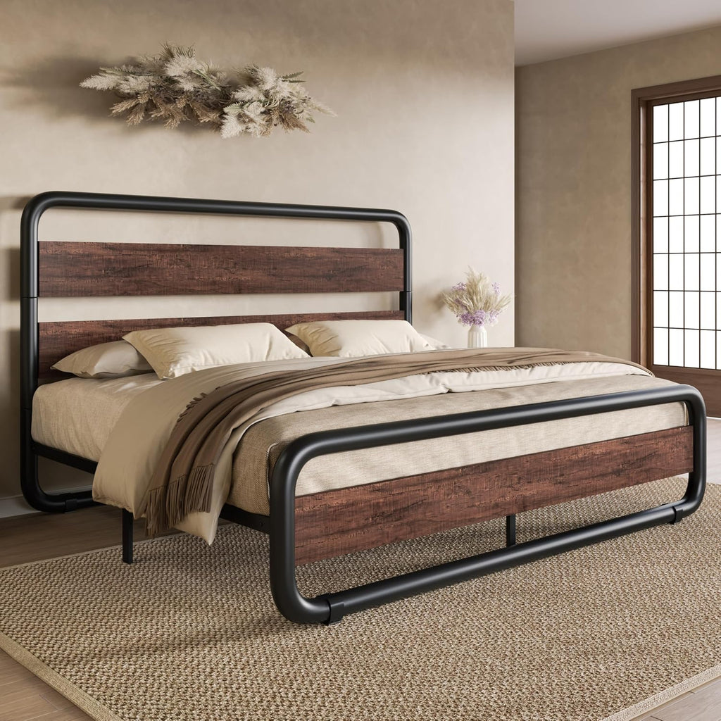 SHA CERLIN Queen Size Metal Bed Frame with Wooden Headboard, Mahogany