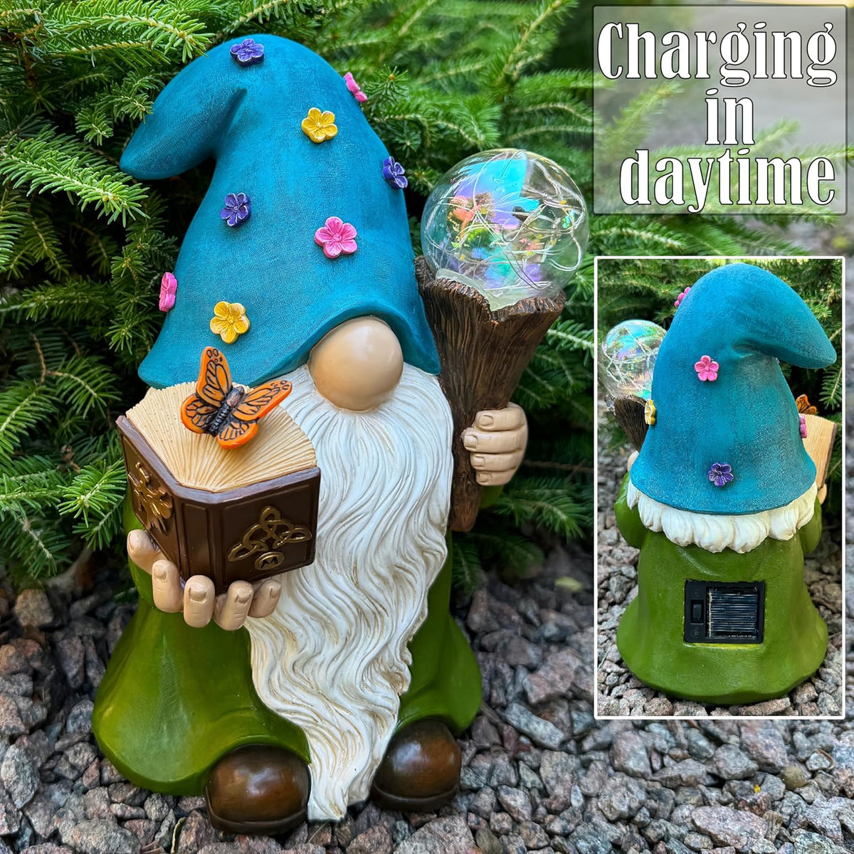 Garden Gnome - Solar Magician Gnome Figurine - 9.45 Inch Tall Decor Outdoor Lawn Statue with LED Lights