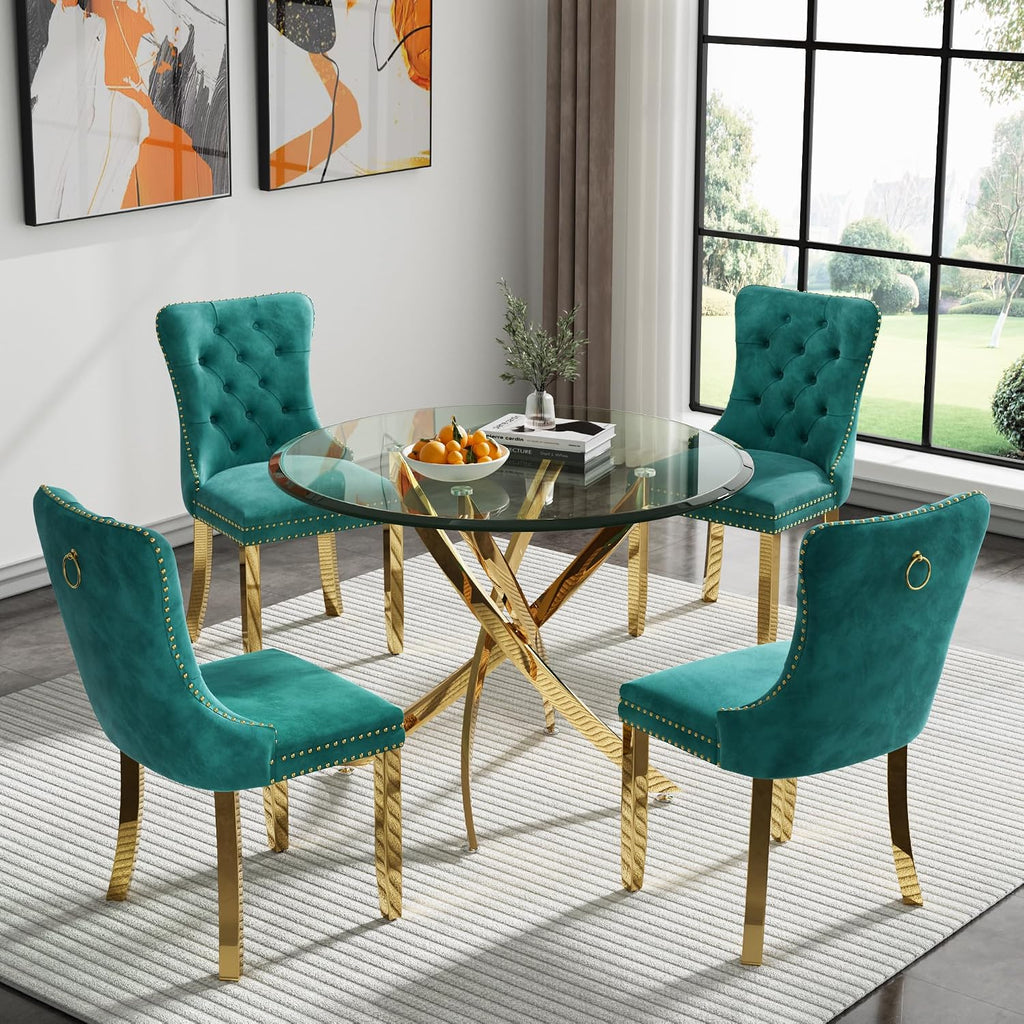 Round Glass Dining Table Set,36'' Glass Kitchen Dining Table Set for 2 4,5-Piece Glass Dinner Table Set with Golden Metal Legs and Velvet Chair Set for Kitchen (Green Chairs3, 36'' Table + 4 Chairs)