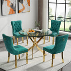 Round Glass Dining Table Set,36'' Glass Kitchen Dining Table Set for 2 4,5-Piece Glass Dinner Table Set with Golden Metal Legs and Velvet Chair Set for Kitchen (Green Chairs3, 36'' Table + 4 Chairs)