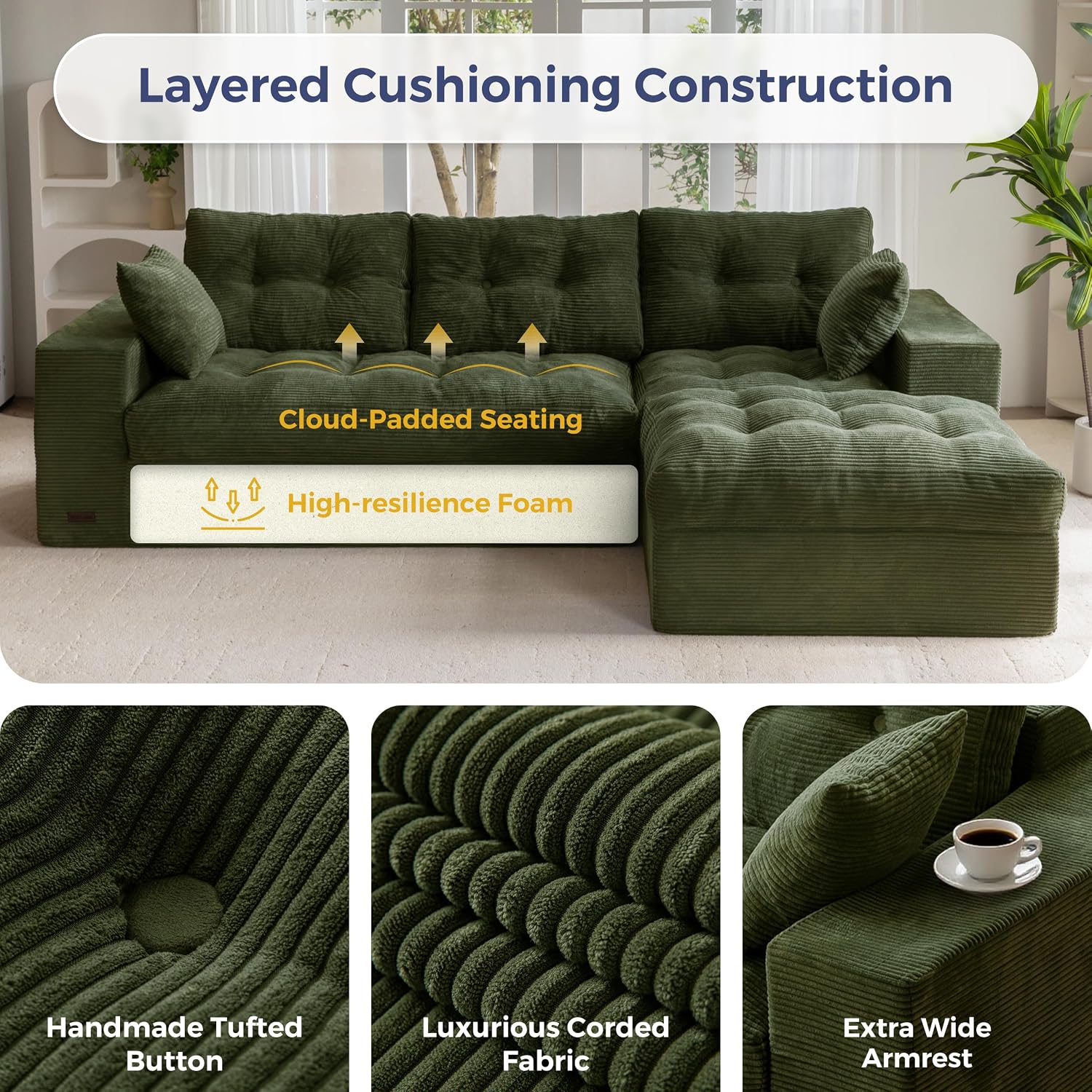 MAXYOYO Couch, 104-Inch L-Shaped Cloud Couch with Ottoman | Dark Green Upholstered Sofa Features Layered Cushions and Flexible Modules with No Assembly, Ideal for Modern Living Rooms.